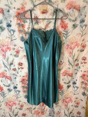 Vintage Teal Satin Slip Dress with Lace Trim